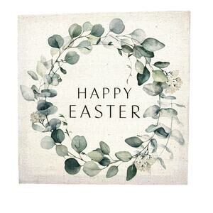 DECOCRATED Happy Easter Linen Wall Art‎ 10" Square Canvas White Green Wreath